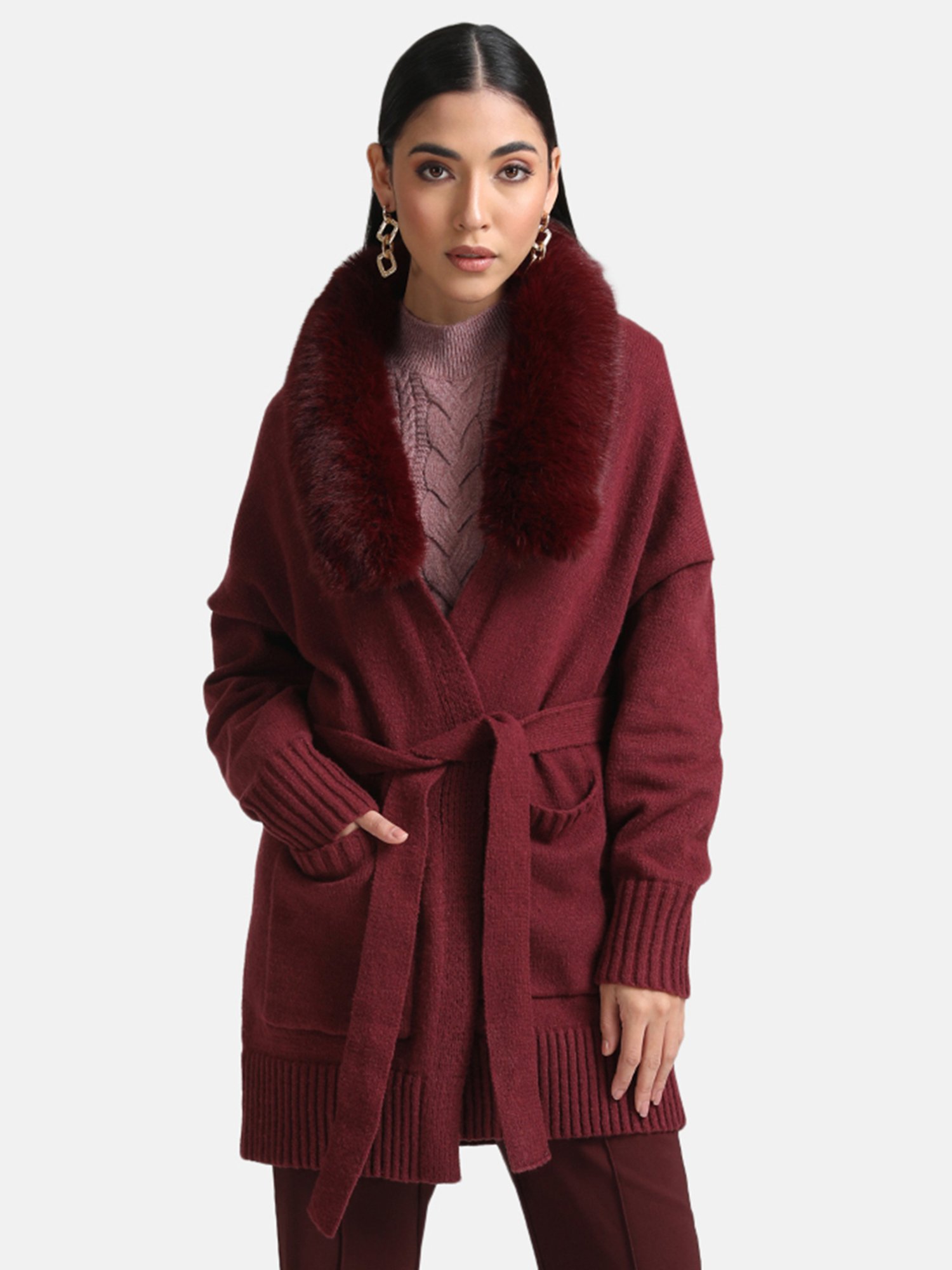 Kazo Belted Cape With Detachable Fur Collar