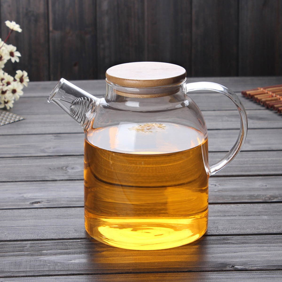 1Pc 1.6L Heat Resistance Glass Water Pot Handheld Filter Glass Kettle Stainless Steel Transparent Juice Water Pot with Large Mouth Bamboo Cover