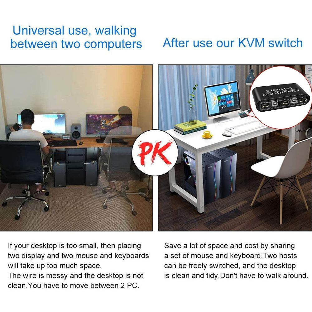HDMI KVM Switch 2 Port for for Mouse and Keyboard sharing, Multifunctional USB Manual Switcher Box, 4K2K@30Hz, 3D, 1080P, Hotkey Supported