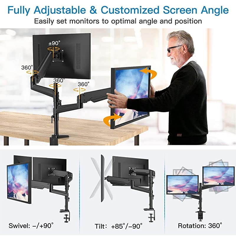 Dual Monitor Mount Stand - Aluminum Gas Spring Arm Height Adjustable Monitor Desk Mount VESA Bracket for Two 17 to 32 Inch Flat / Curved LCD Computer Screens with C Clamp, Grommet Base