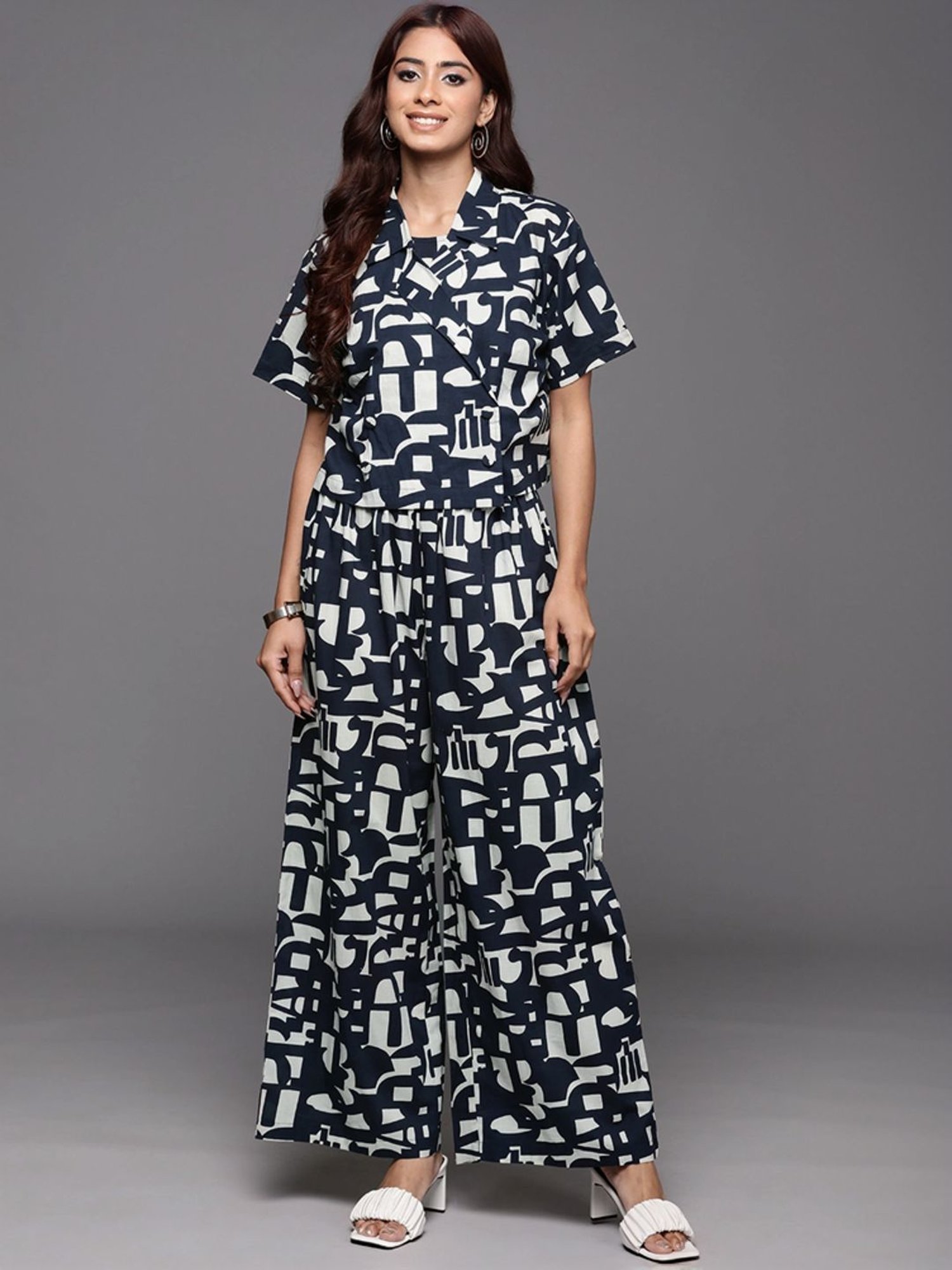 Varanga Navy Cotton Printed Crop Top Palazzo Set With Jacket