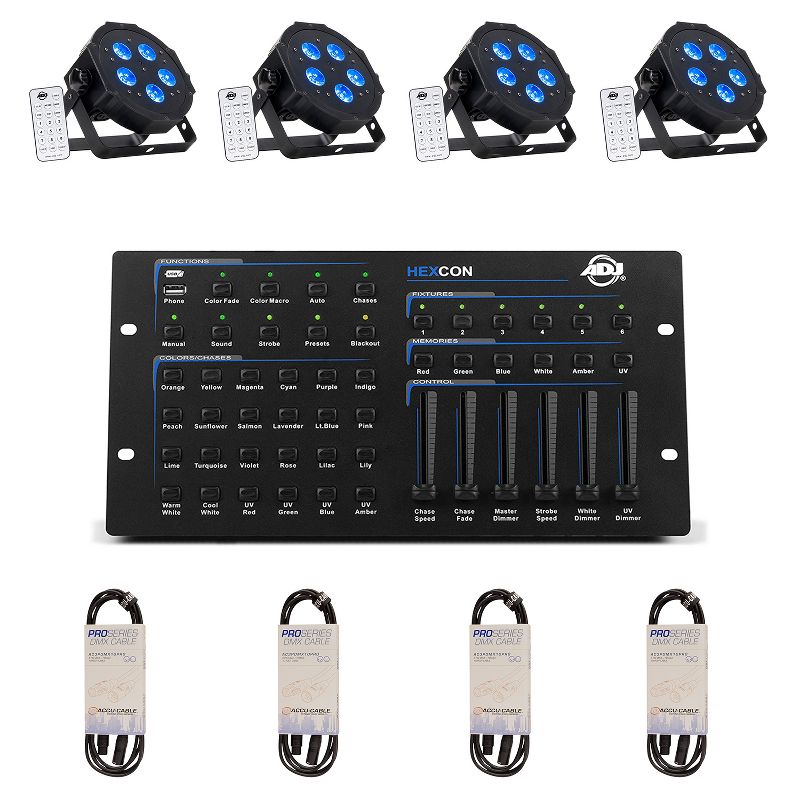 ADJ RGBAW + UV LED Light (4 Pack) & ADJ Hex Series 6 Channel DMX DJ Controller w/ Built-In USB Port & 10-Ft 3-Pin Male to Female DMX Cable (4 Pack)