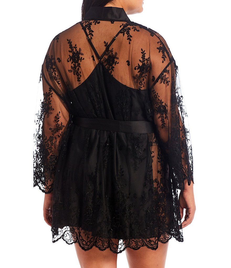 Rya Plus Allover Lace Short Wrap Banded Collar 3/4 Sleeve Robe