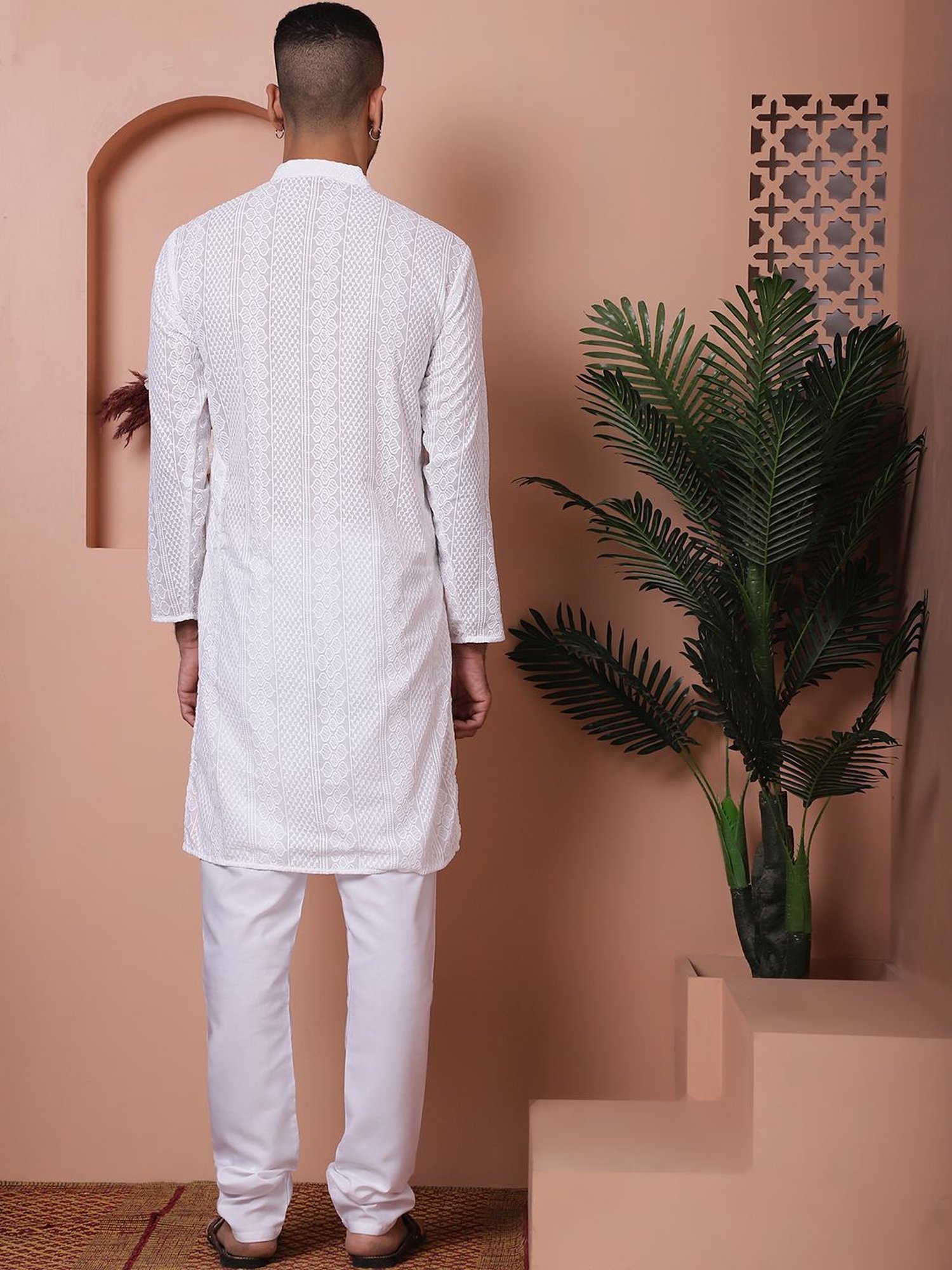 Jompers White Ragular Fit Embroidered Kurta Bottom Set