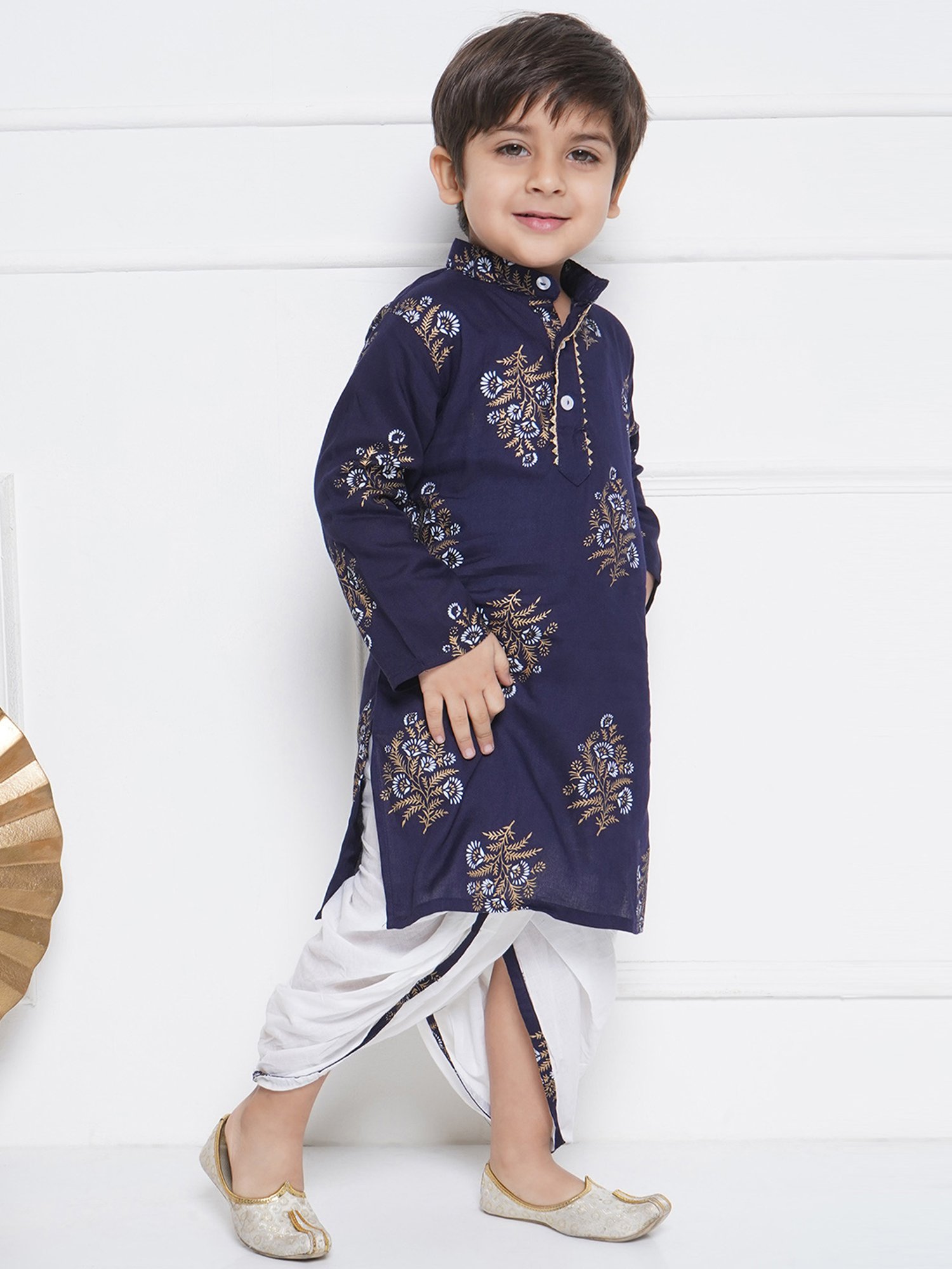 AJ Dezines Kids Navy & White Floral Print Full Sleeves Kurta with Dhoti