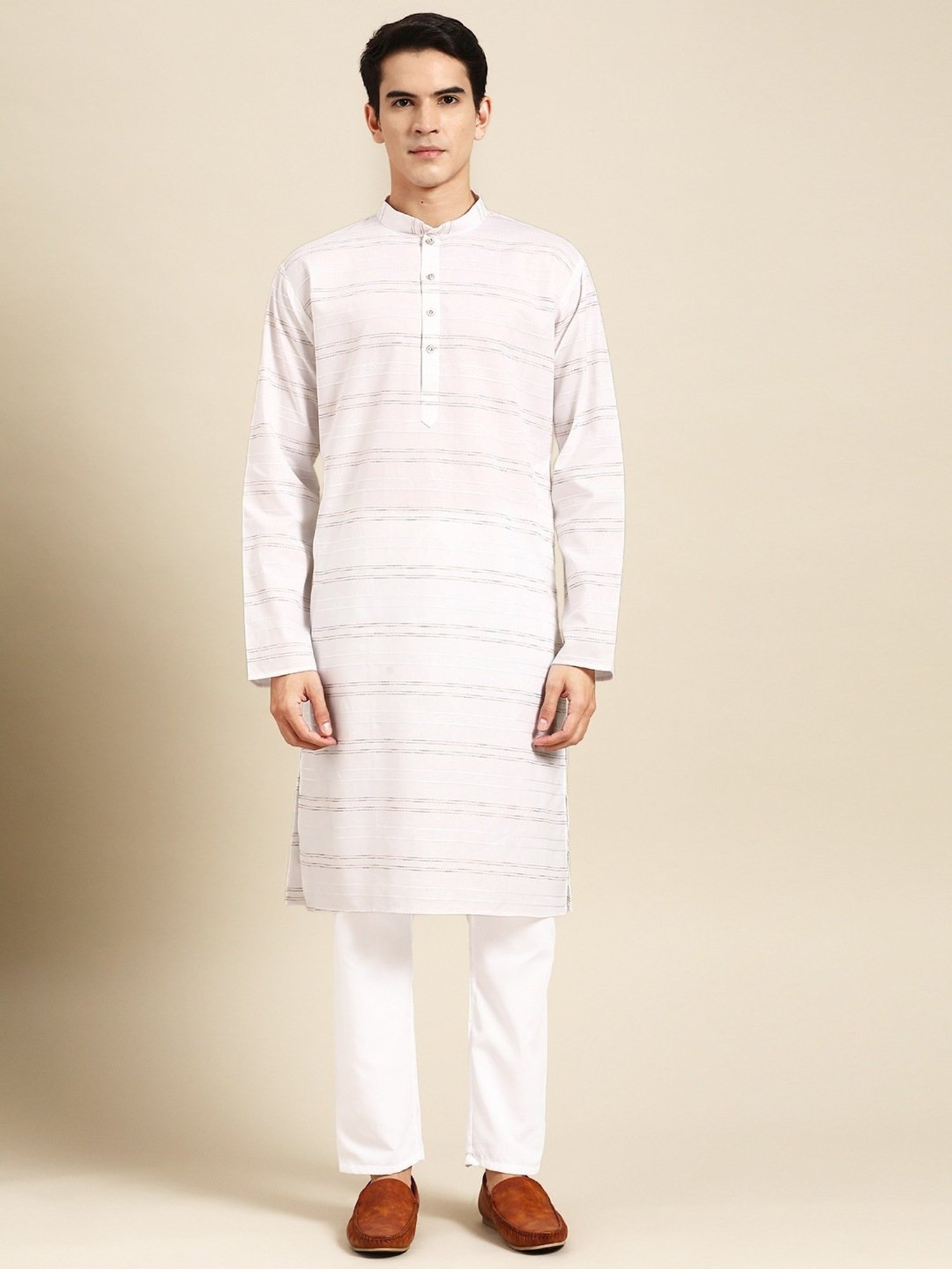 ManQ White Pure Cotton Regular Fit Striped Kurta