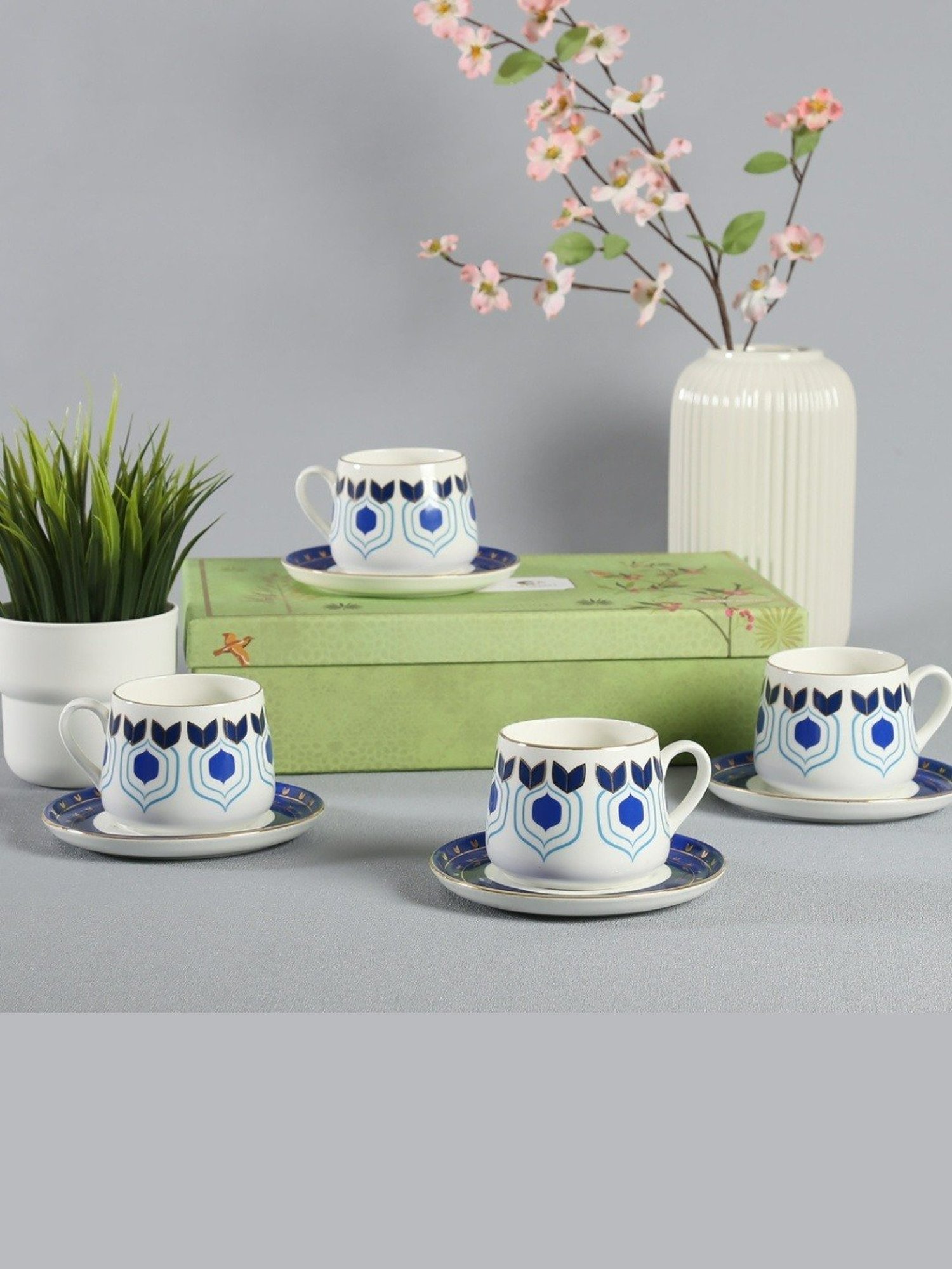 India Circus Floral Blue Bone China Cup Saucer (Set of 8)