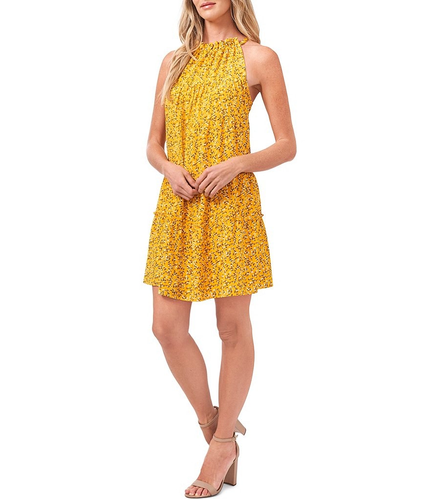 CeCe Ditsy Floral Print Sleeveless Tiered Halter Swing Dress