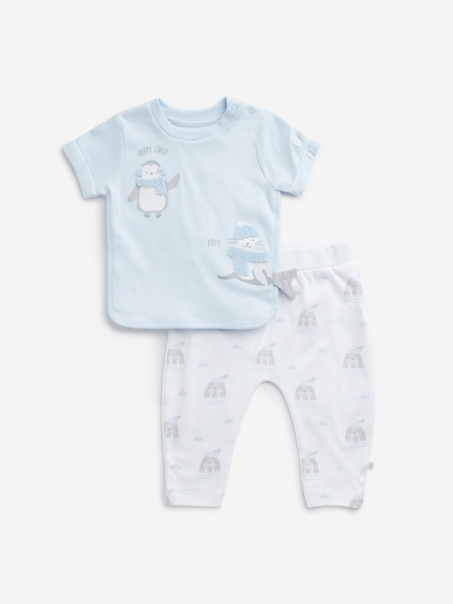 HOP Baby by Westside Light Blue Animal Print Cotton T-Shirt & Pants