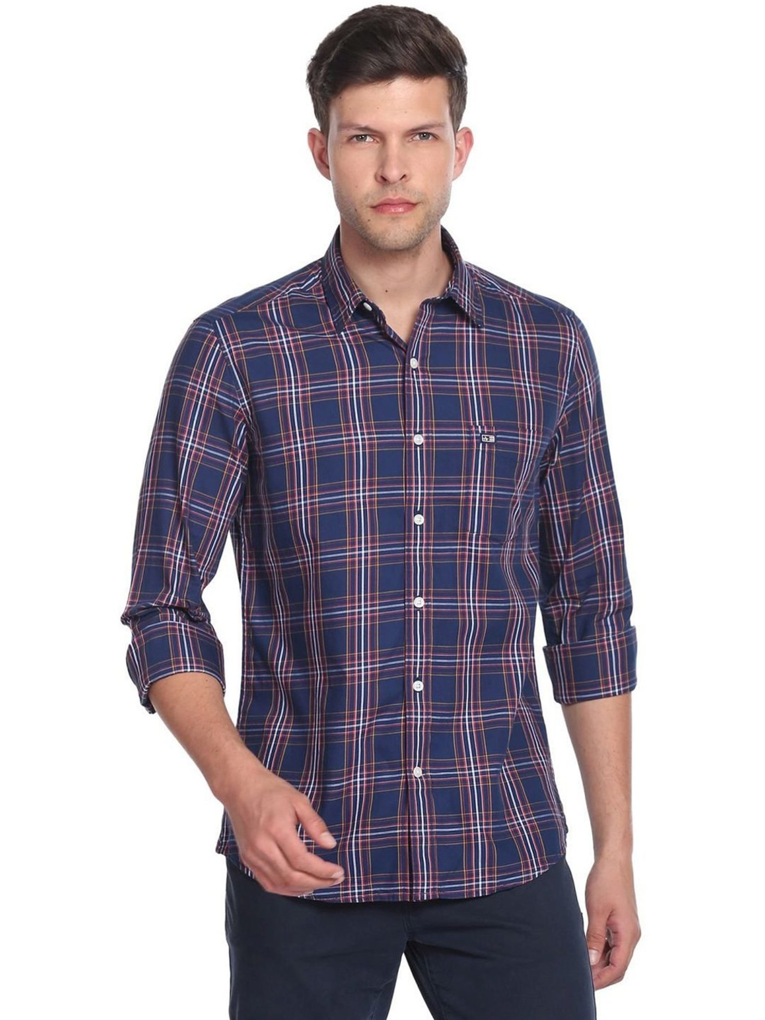 Spykar Blue Cotton Slim Fit Checks Shirt