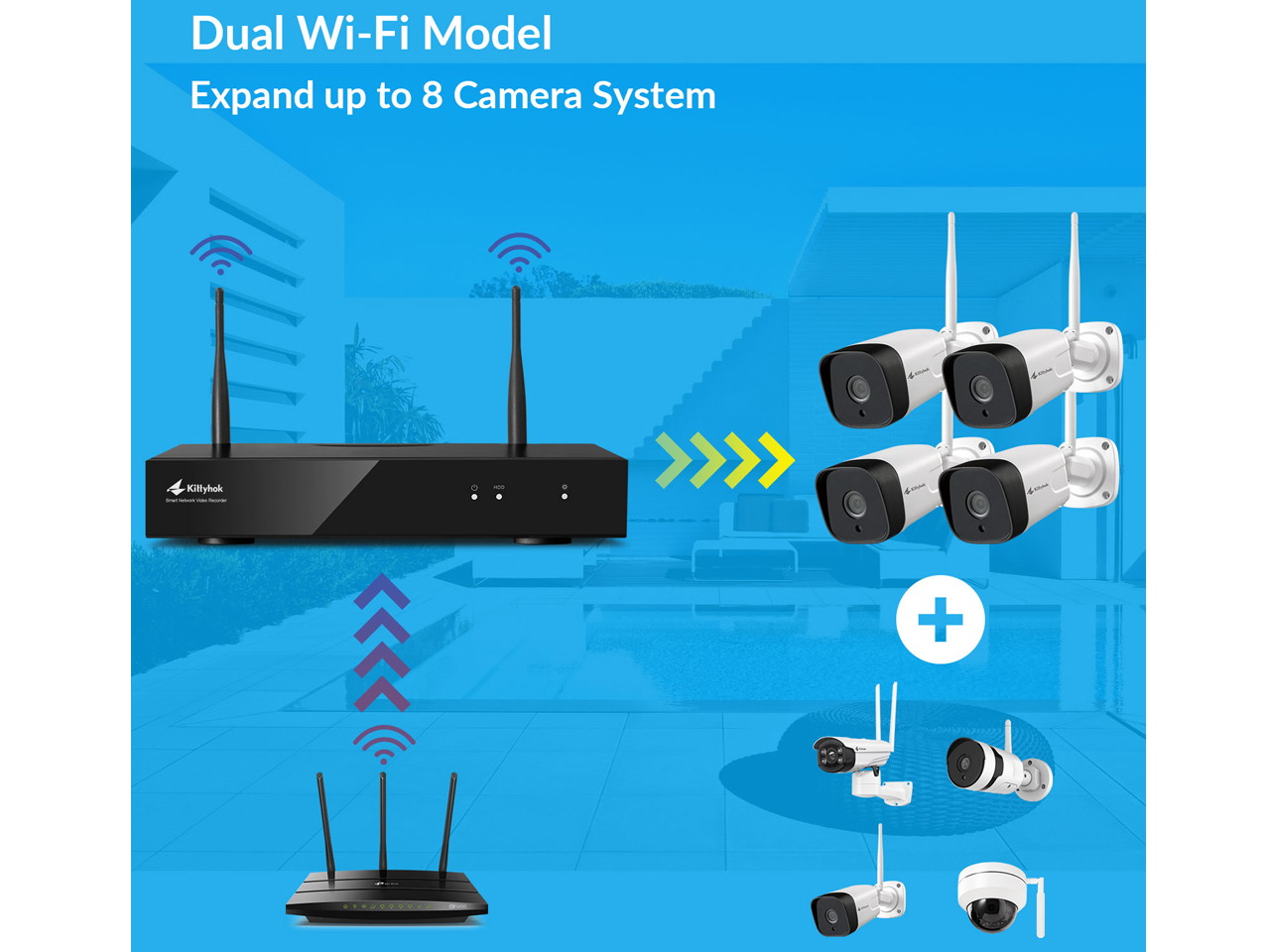 Kittyhok 2K Wireless Security Camera System WiFi Home Surveillance Cameras, with 1TB 2K Video HDD 4Pcs Outdoor/Indoor WiFi with Night Vision, IP66 Weatherproof, 24/7 Recording Video and Audio