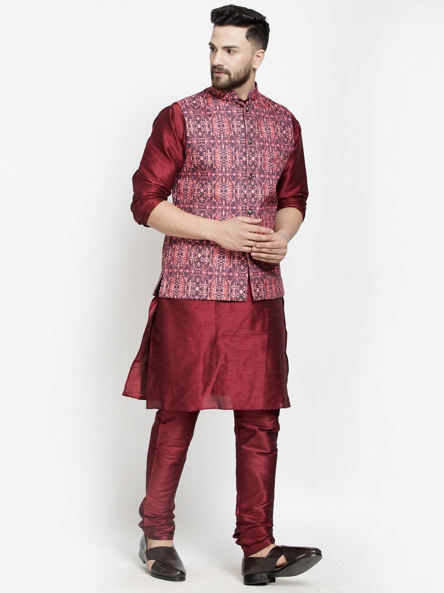 Benstoke Maroon & Coral Regular Fit Printed Kurta Set With Jacket
