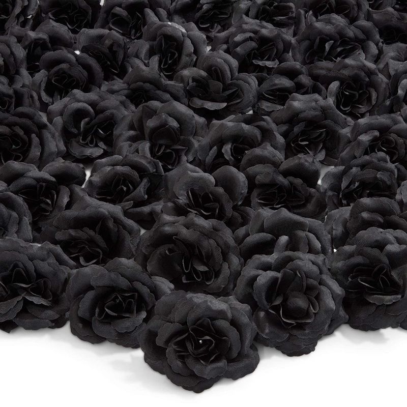 50 Pack Artificial Fake Silk Rose Flower Heads for Wedding Decoration, Bridal Bouquet, Home Decor - Black