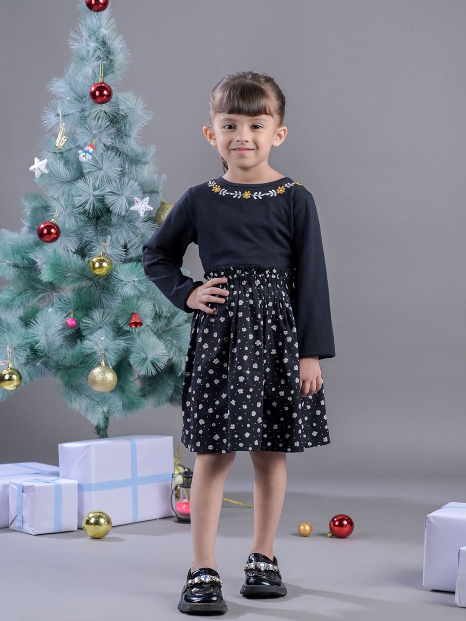 Budding Bees Kids Black Embroidered Full Sleeves Dress