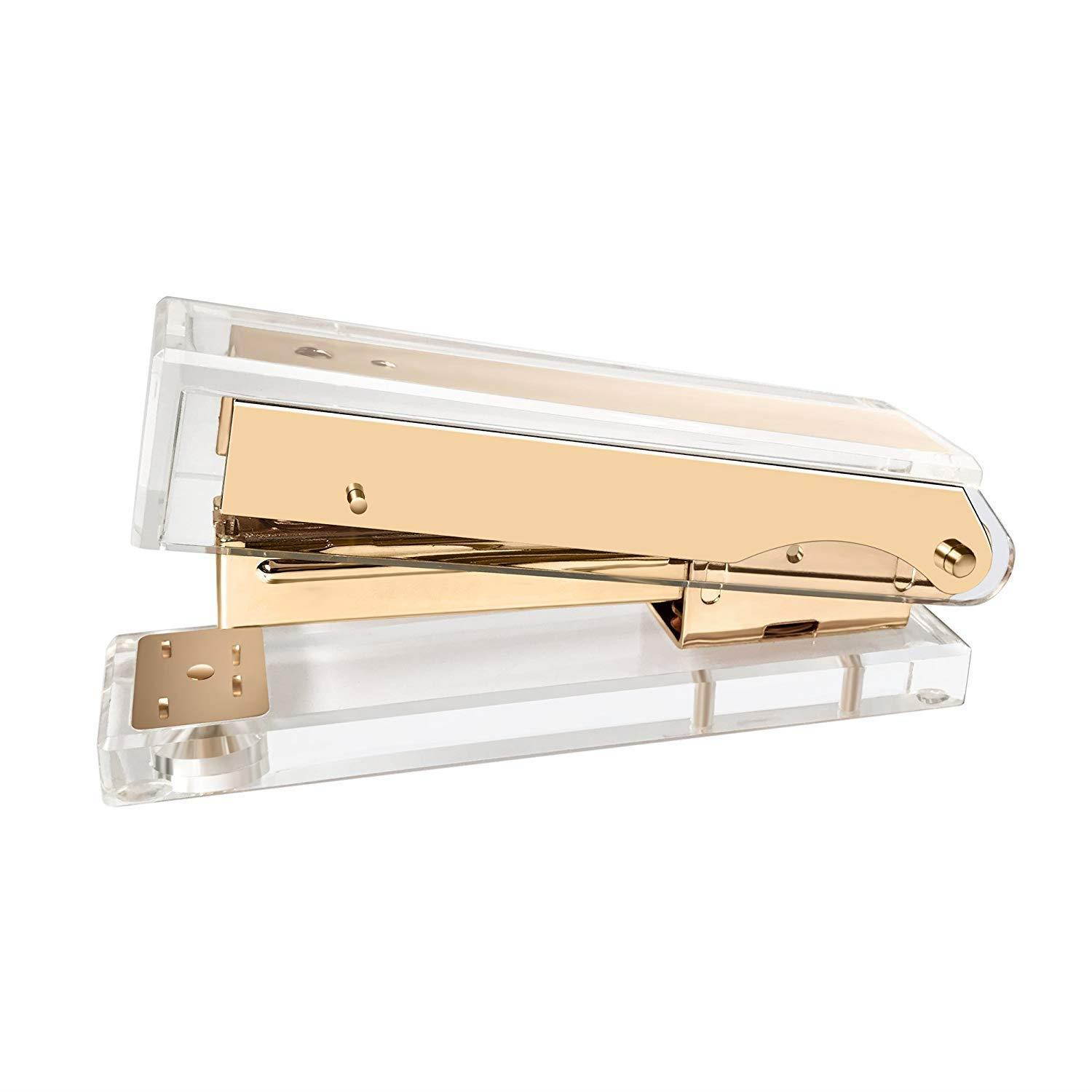 UNIQOOO 5 Count Super Thick Clear Acrylic Gold Finish Stationery Set - Desk Stapler, Pen Holder, Tape Dispenser, Memo Case, Paper Clips- Great for Modern Office, Arts Lover, Calligrapher, Xmas Gift