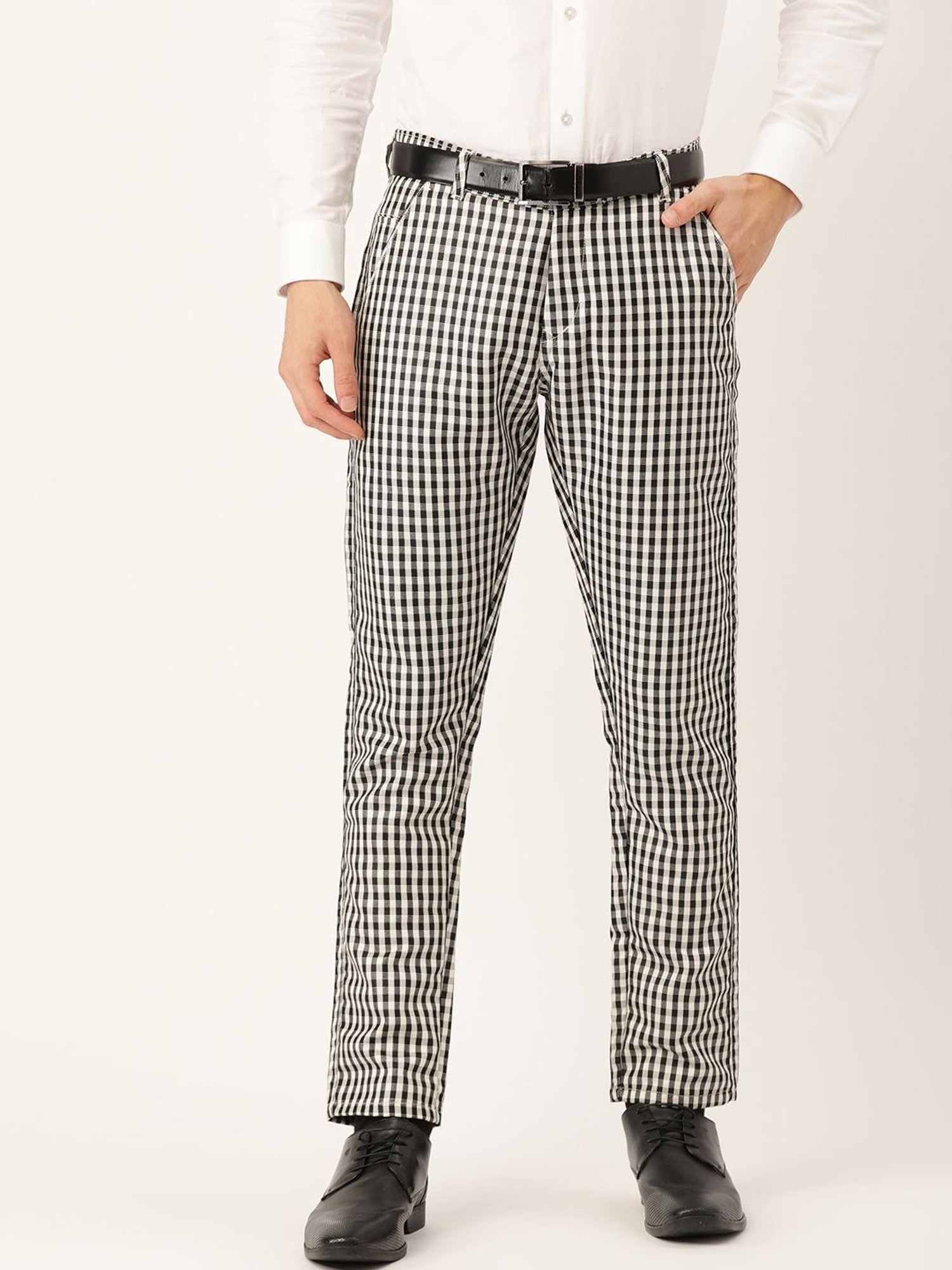 Sojanya Black & White Cotton Regular Slim Fit Checks Flat Front Trousers