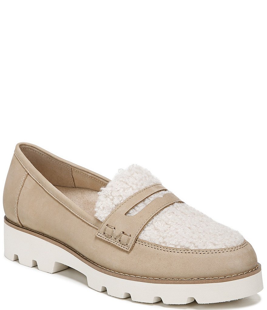 Vionic Cheryl Leather And Faux Curly Shearling Lugged Sole Penny Loafers