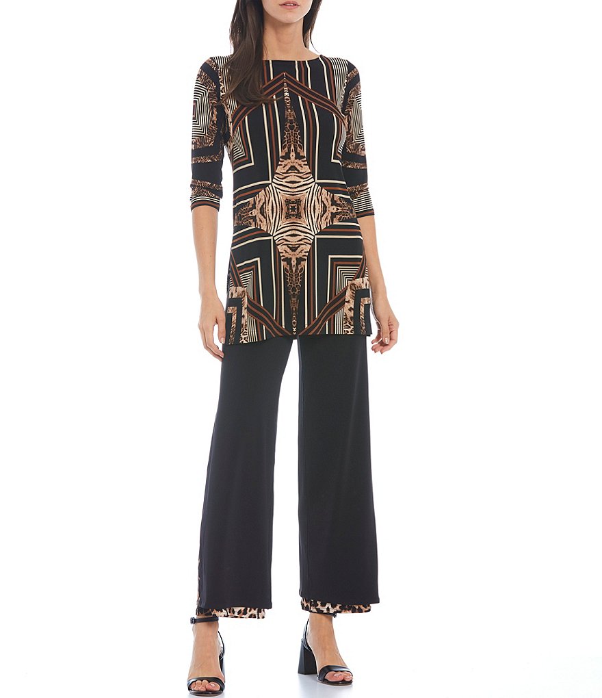 Eva Varro Medallion Geo Print Boat Neck 3/4 Sleeve Knit Tunic