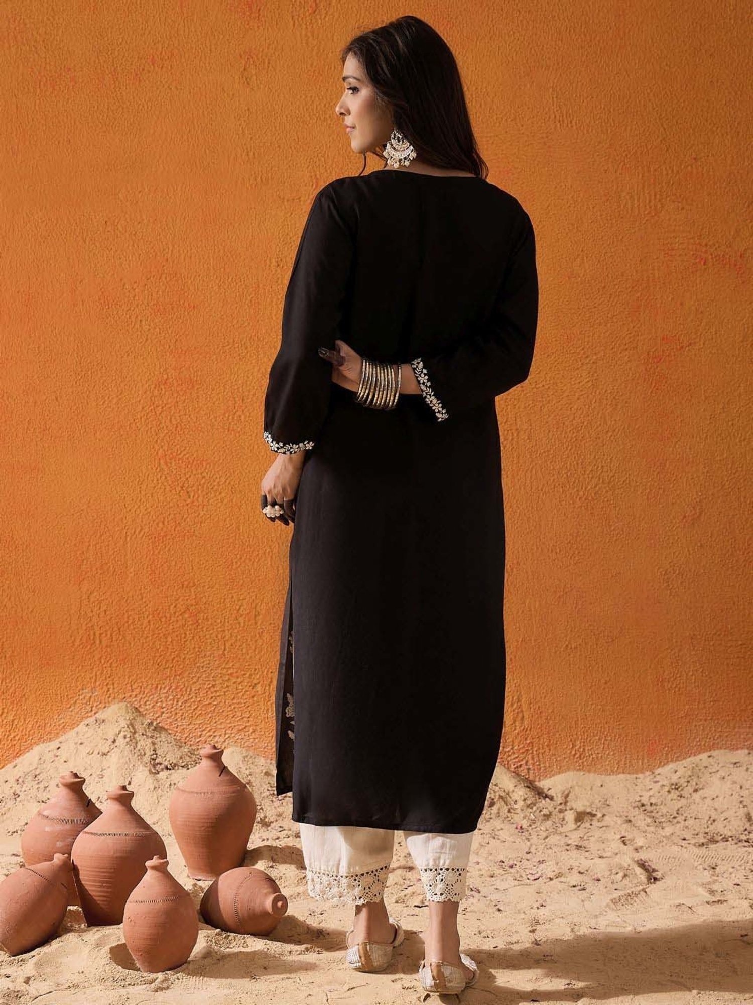 Indo Era Black Embroidered Straight Kurta
