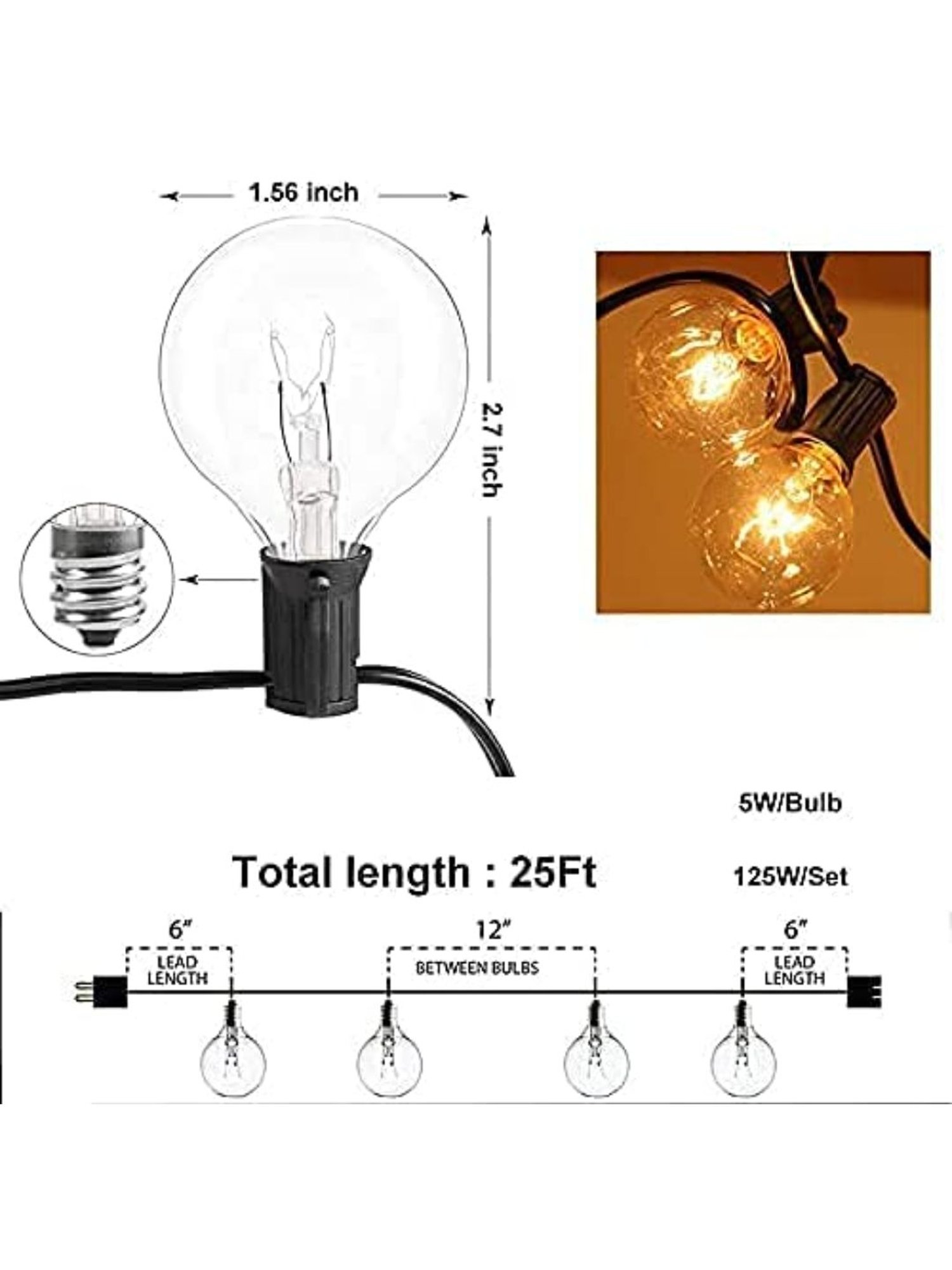 XERGY Outdoor String Lights 25 Feet G40 Globe Patio Lights with 26 Edison Glass Bulbs (Yellow)