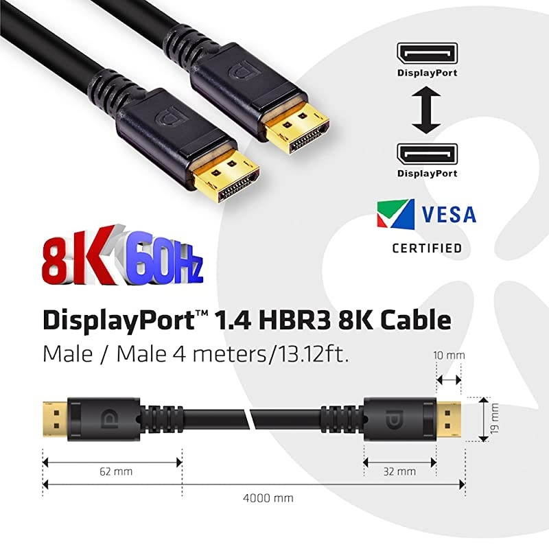 DisplayPort to DisplayPort 14HBR3 Cable DP 14 8K 60Hz 4m1312 24AWG Black VESA Certified CAC1069B