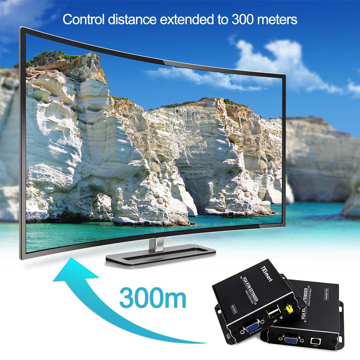 TESmart 1080P 60Hz Long Range 984ft USB VGA KVM Extender Over Cat5e Cat6 Ethernet Cable (up to 984ft/300m, Sender+Receiver)