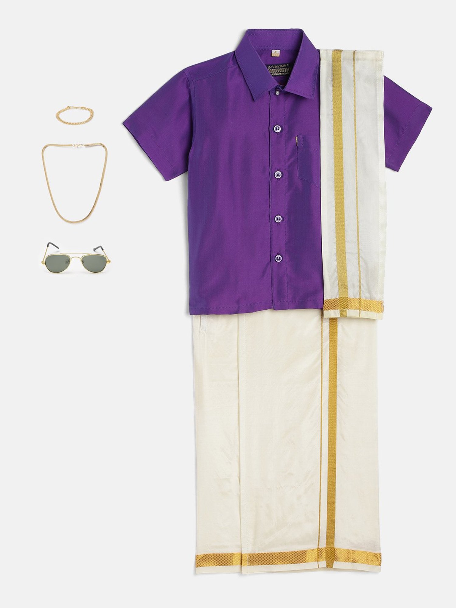 THANGAMAGAN Kids Lavender & Cream Solid  Shirt,  Dhoti,  Towel With  Freebies Set