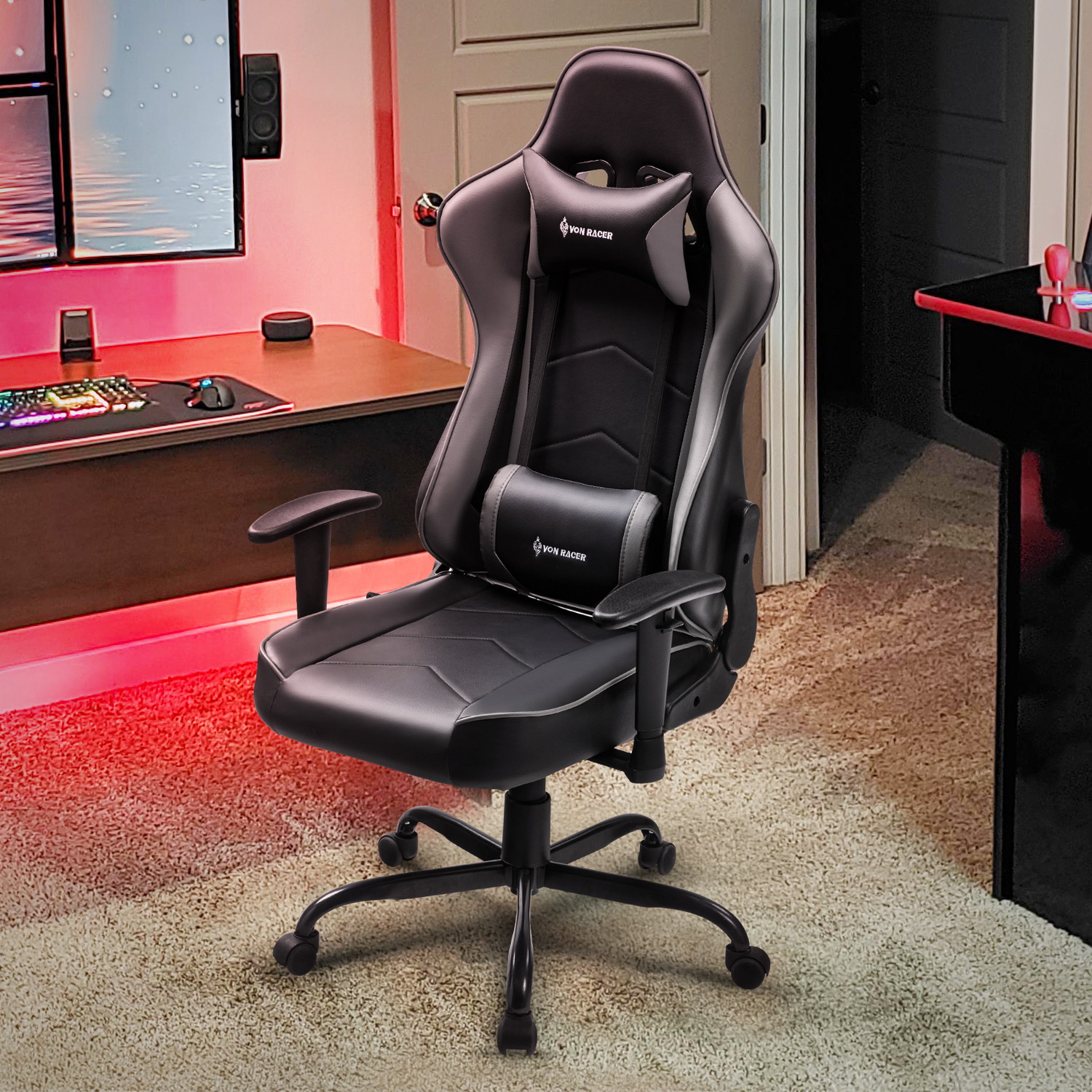 Gaming Chair, Racing Style Computer Desk Chair Padded Armrests Ergonomic Lumbar Support Adjustable Height