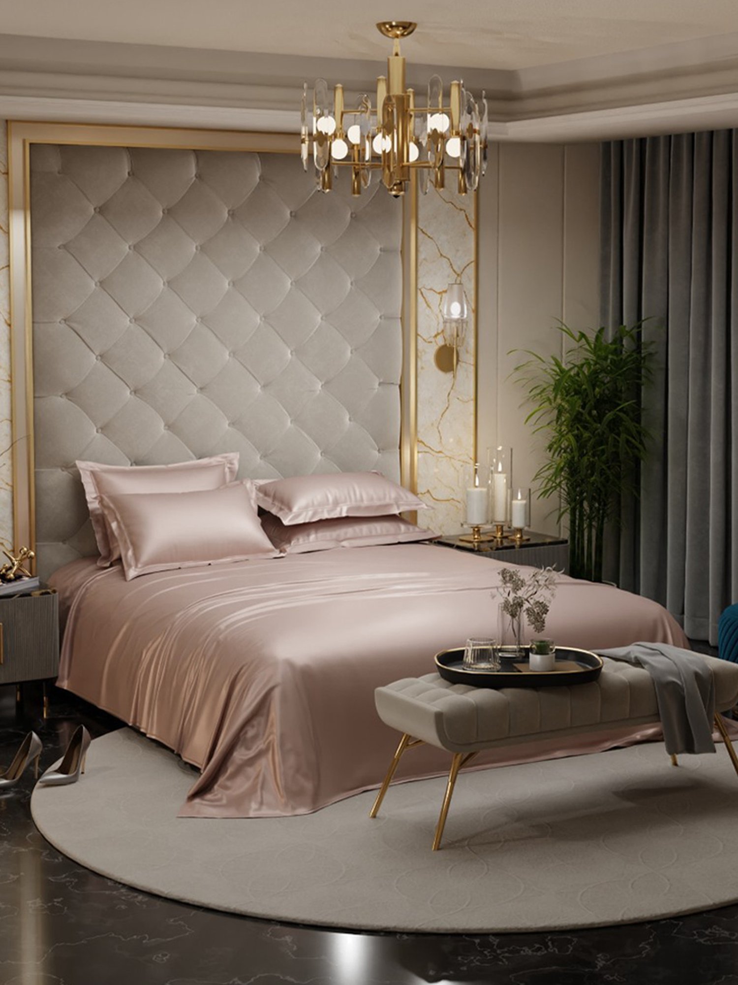 Stoa Paris Date Night Champagne Collection 300 TC Sateen Super King Bed Sheet with 4 Pillow Covers