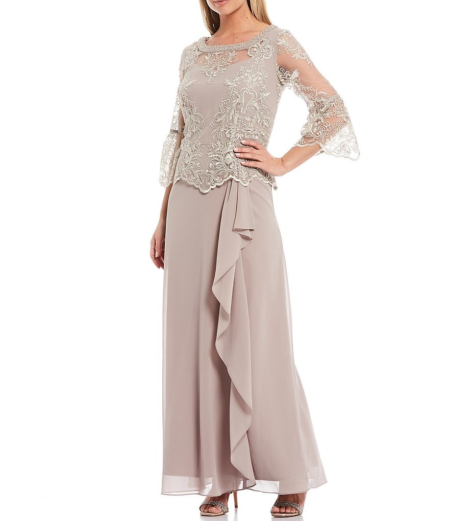 Le Bos A-Line 3/4 Bell Sleeve Lace Popover Cascade Long Gown
