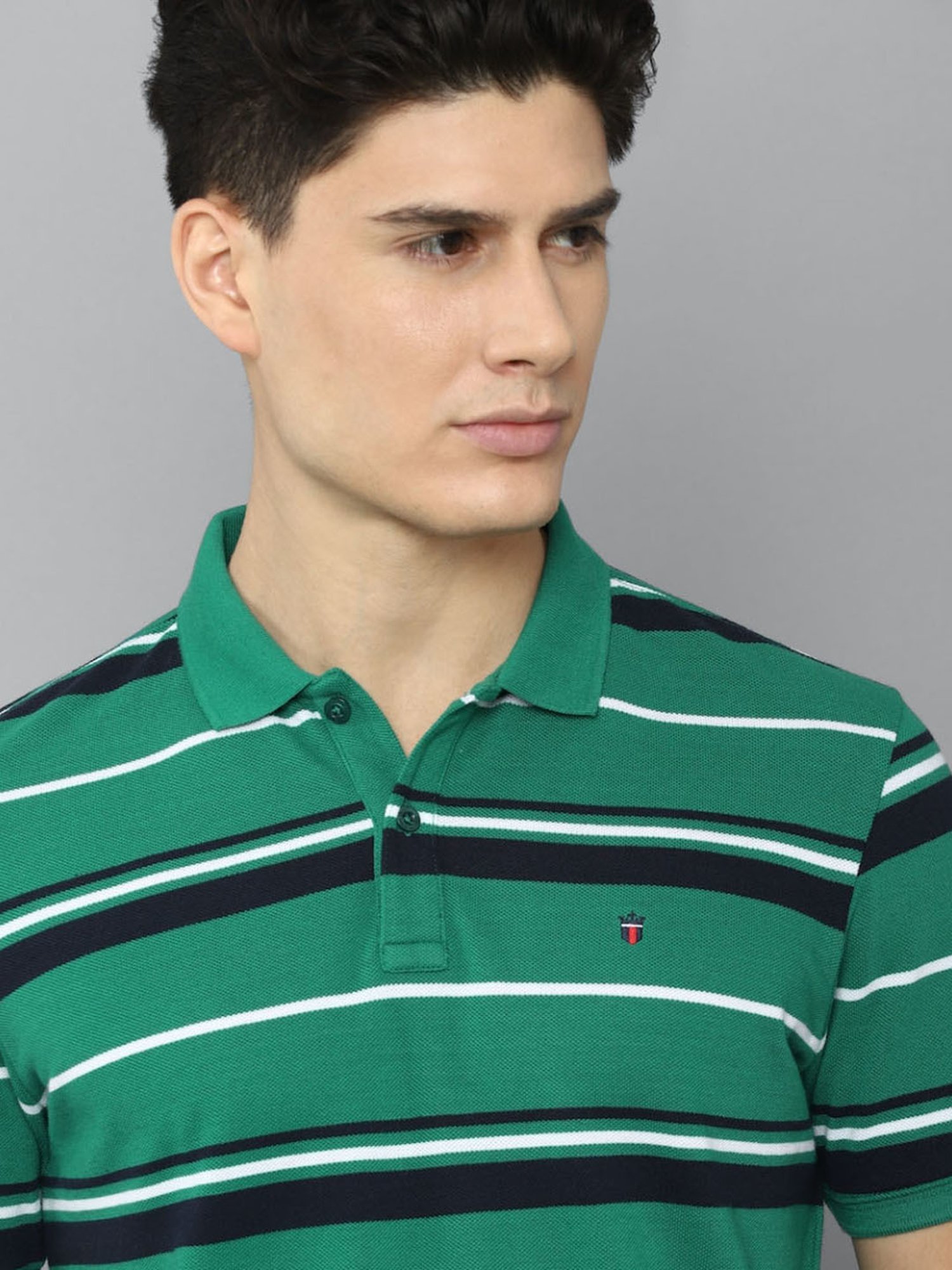 Louis Philippe Sport Green Cotton Slim Fit Striped Polo T-Shirt