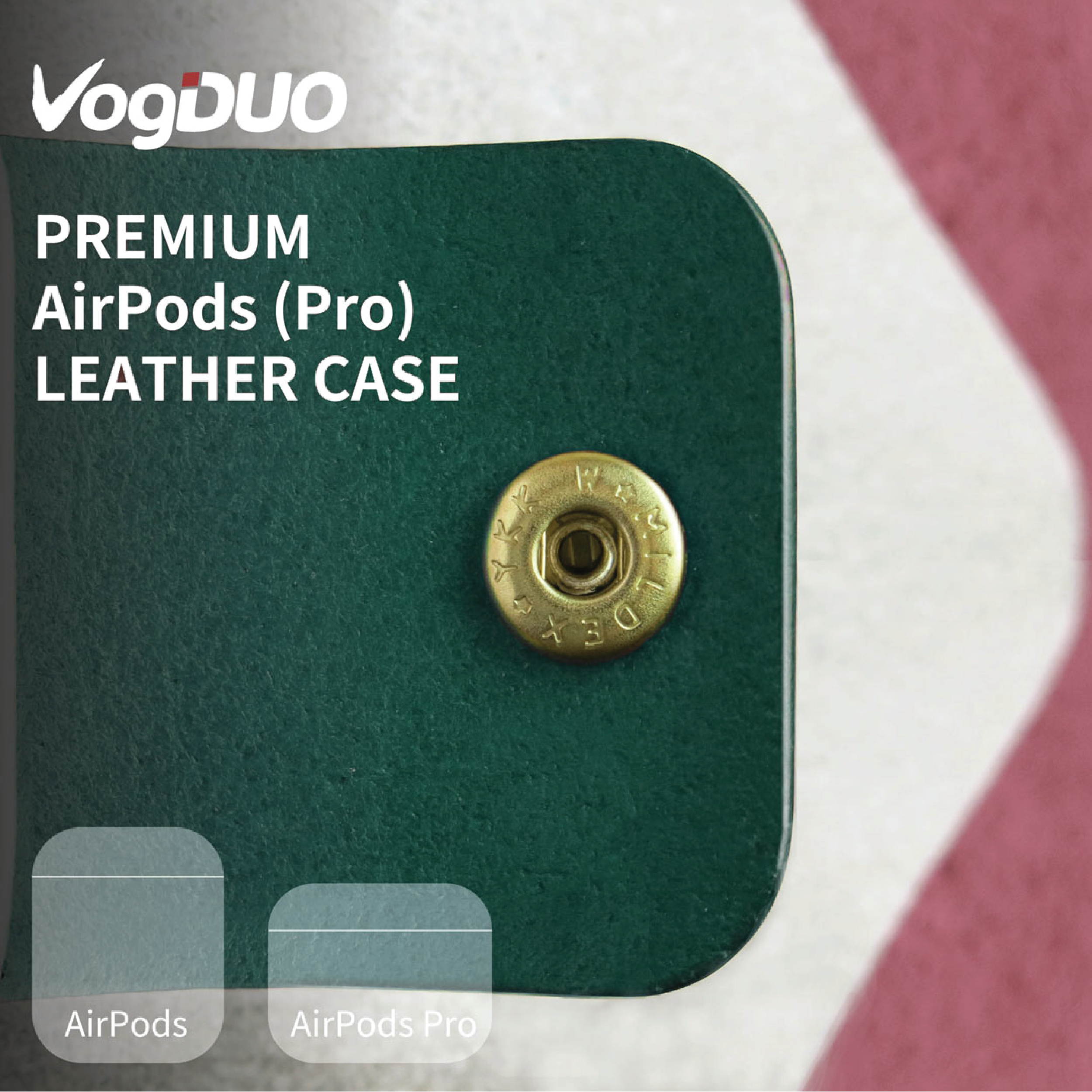 VogDUO- Italian Genuine Leather Case for AirPods Pro, portable carry case, Lightning port slot design, premium metal hook for the bag, keychain or jeans, YKK button applied- Emerald