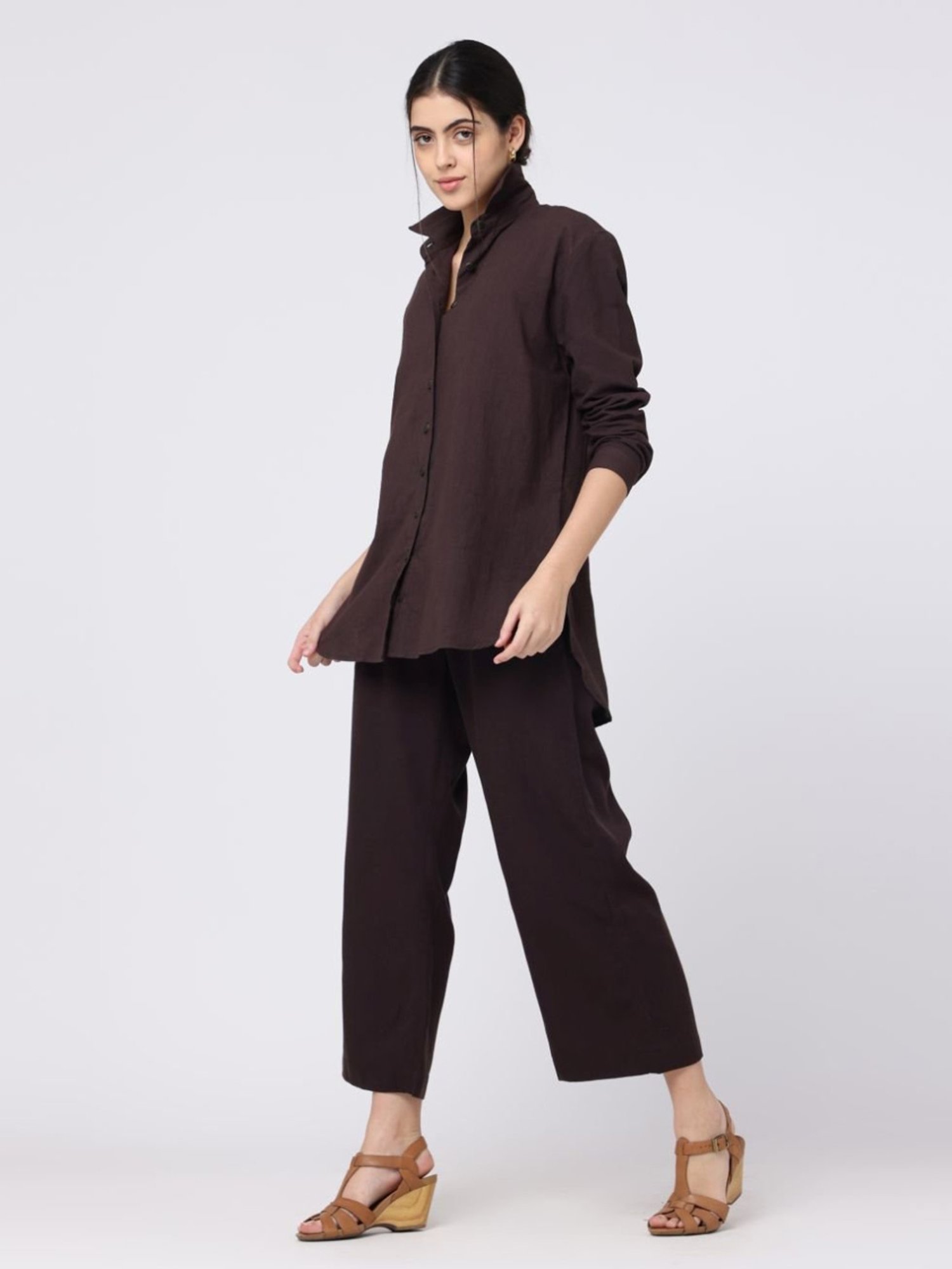 Saltpetre Elegant LInen Coffee Brown Shirt with Wide leg Trousers Co-ord Set