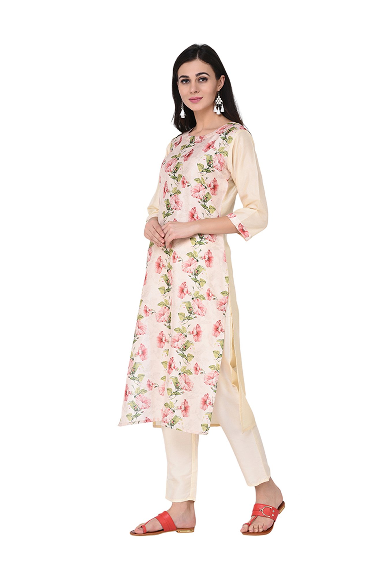 Ziyaa Beige Floral Print Straight Kurti