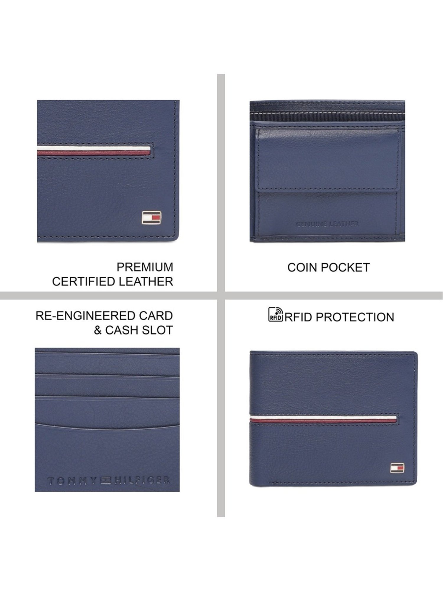 TOMMY HILFIGER Glasgow Navy Leather Striped Bi-Fold Wallet for Men