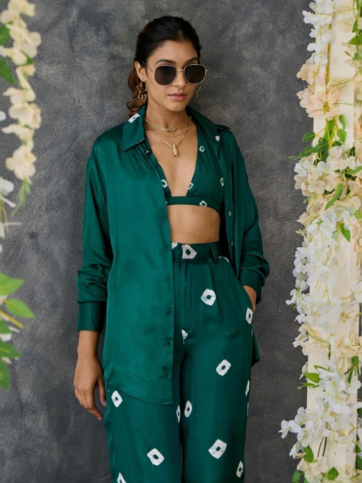 Gulaal Green Bandhani Modal Satin Shirt with Pant