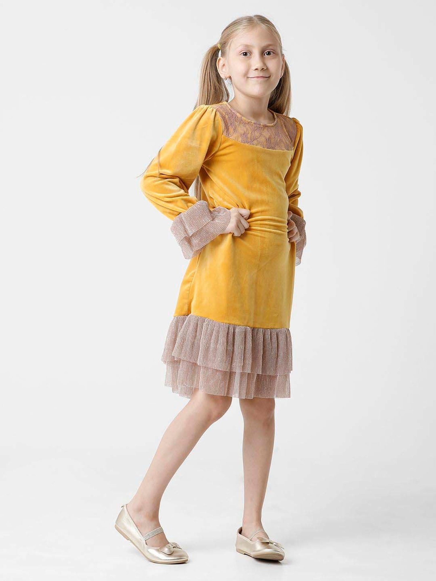 Kate & Oscar Kids Mustard Embroidered Full Sleeves Dress