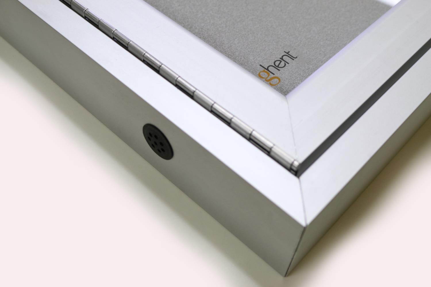 Ghent 3 Door Enclosed Vinyl Bulletin Board Satin Frame 4'H x 8'W Caramel