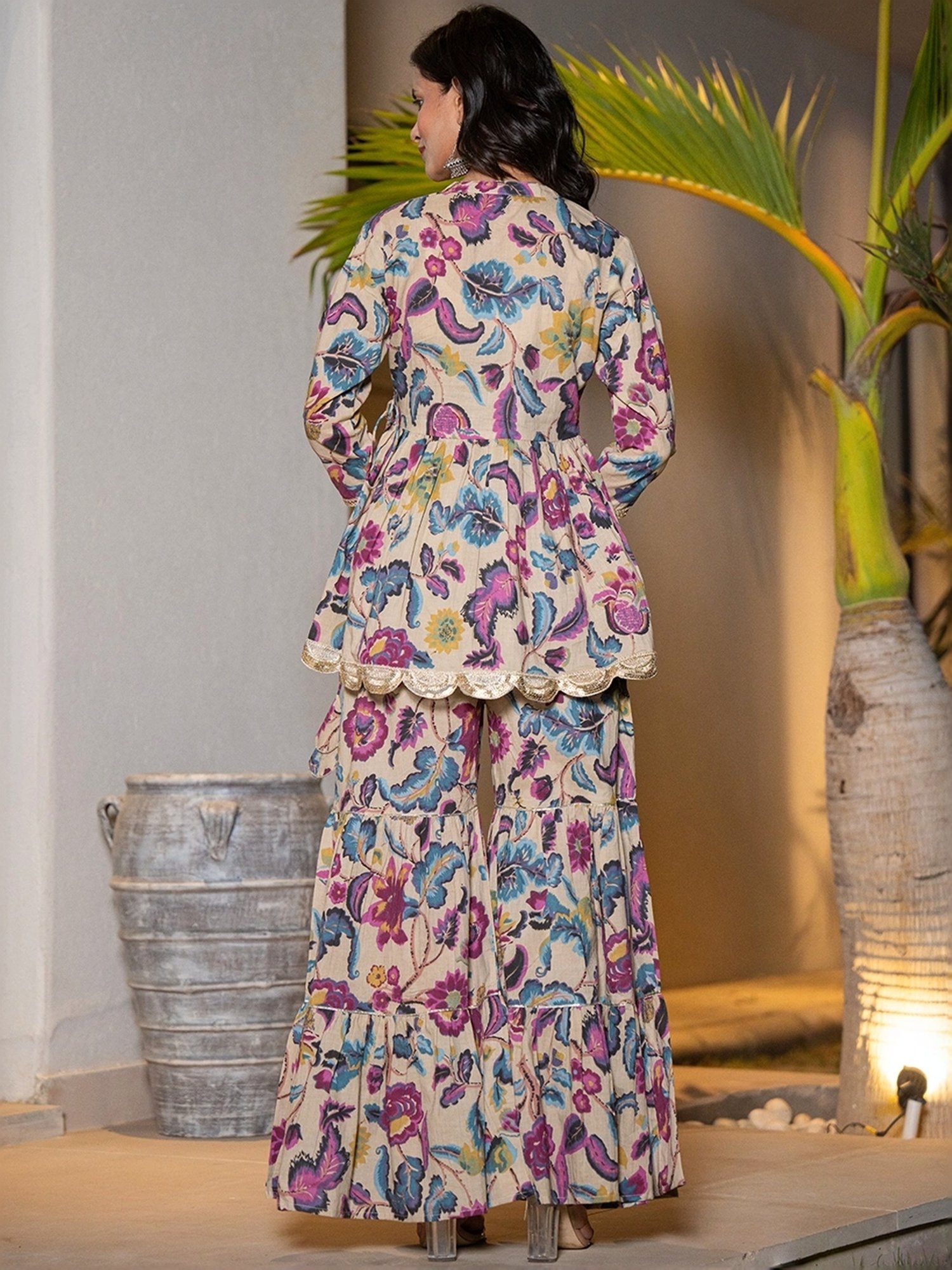 Yufta Beige & Blue Cotton Printed Top Sharara Set