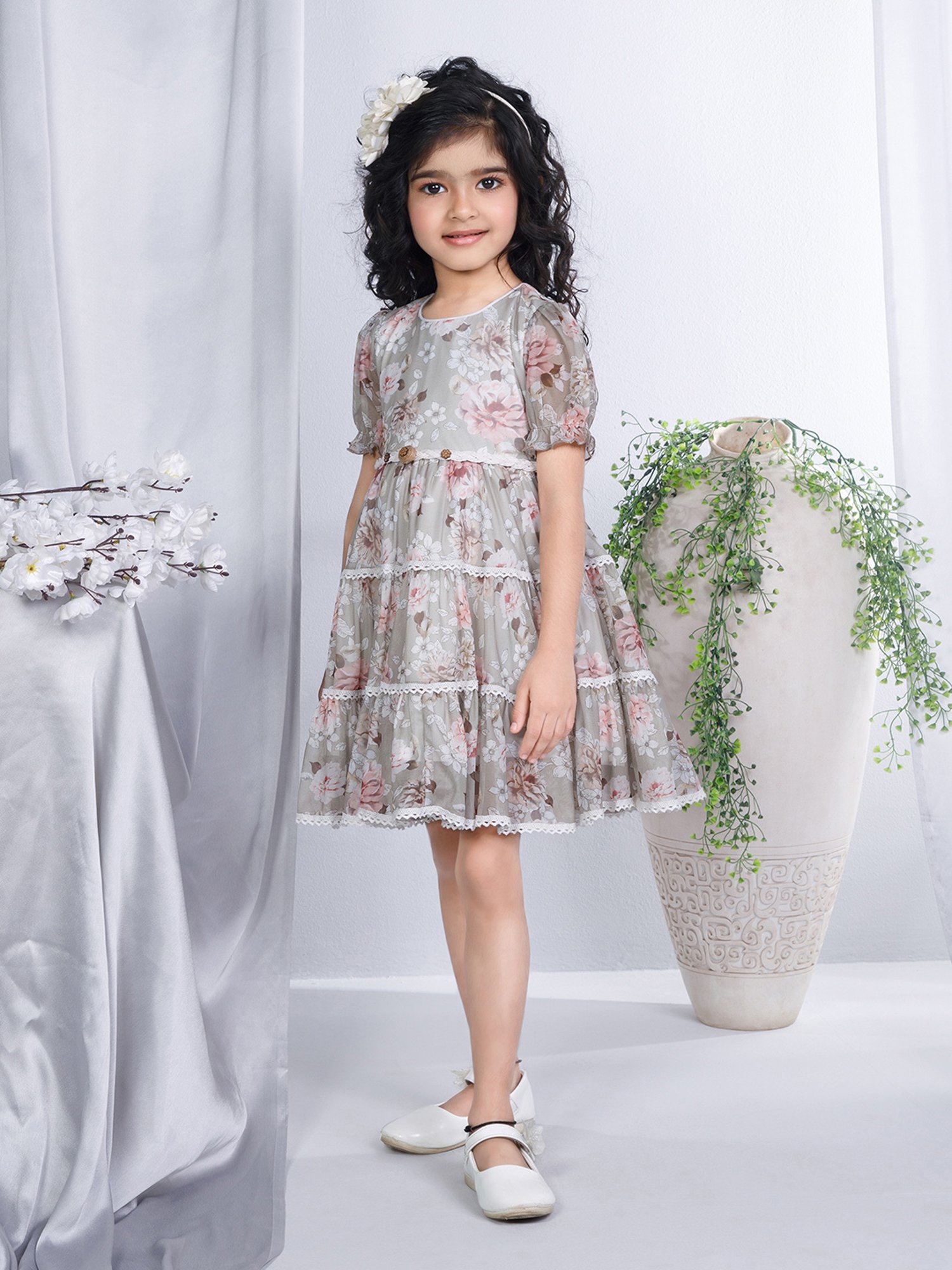 Peppermint Kids Light Grey Floral Print Dress