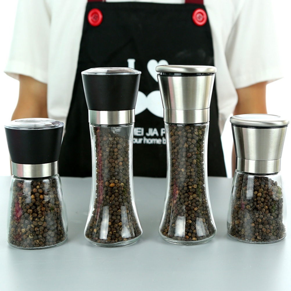 2pcs Stainless Steel Pepper Grinder Manual Pepper Mill Glass Bottle Pepper Mill Cruet Cooking Grinding Tool (Black Taper + Slim Waist)