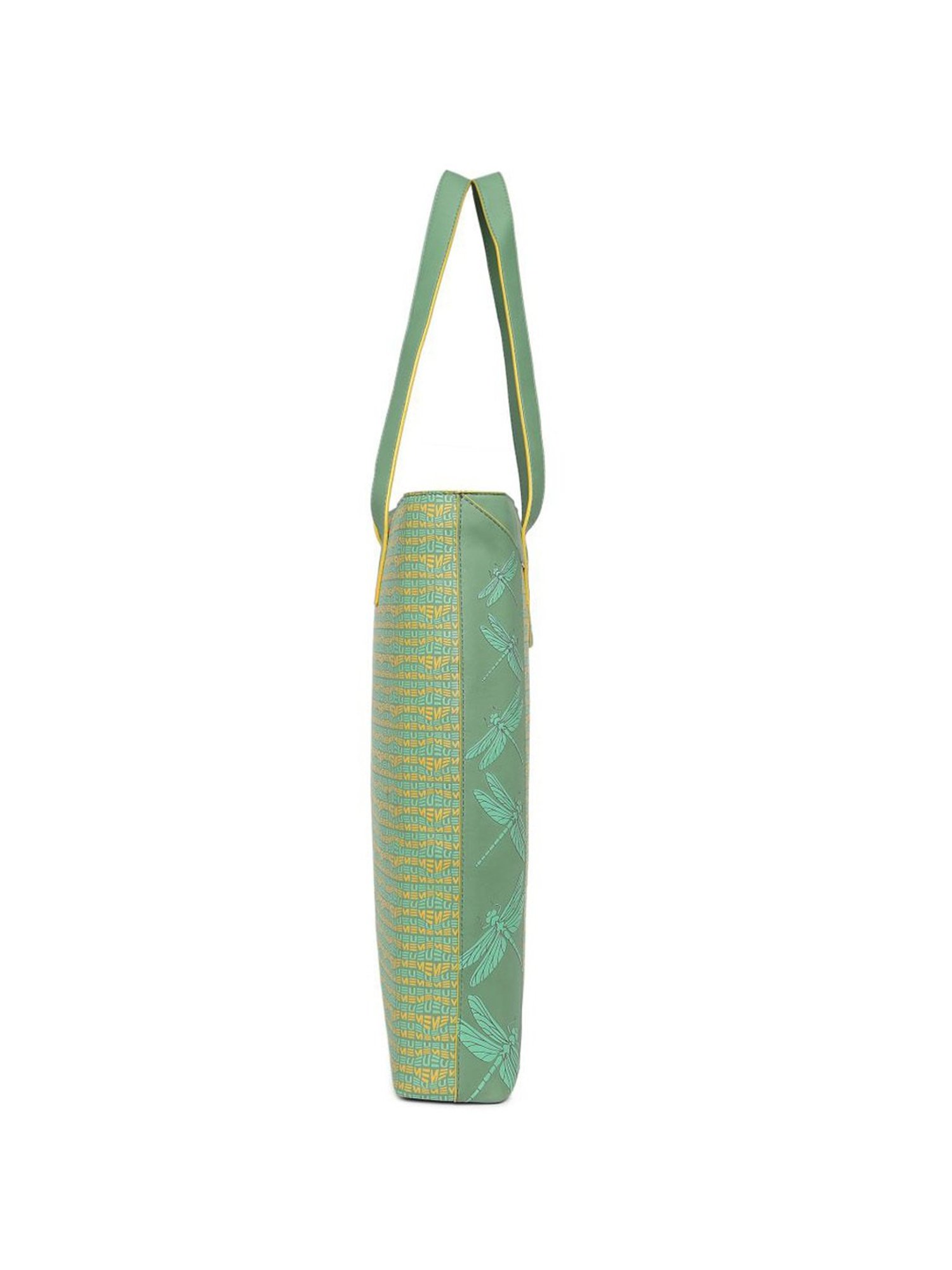 Eume Dragonfly Basil Green Leather Printed Tote Handbag with Pouch