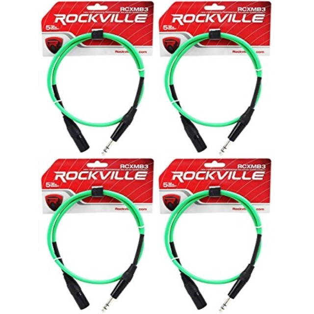 4 rockville rcxmb3g green 3' male rean xlr to 1/4'' trs balanced cables