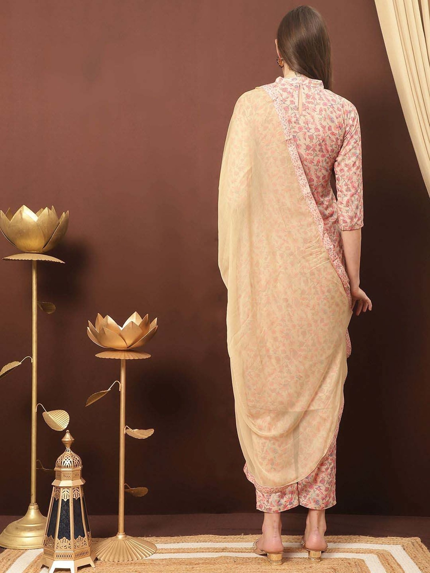 Stylee LIFESTYLE Beige Printed Unstitched Dress Material