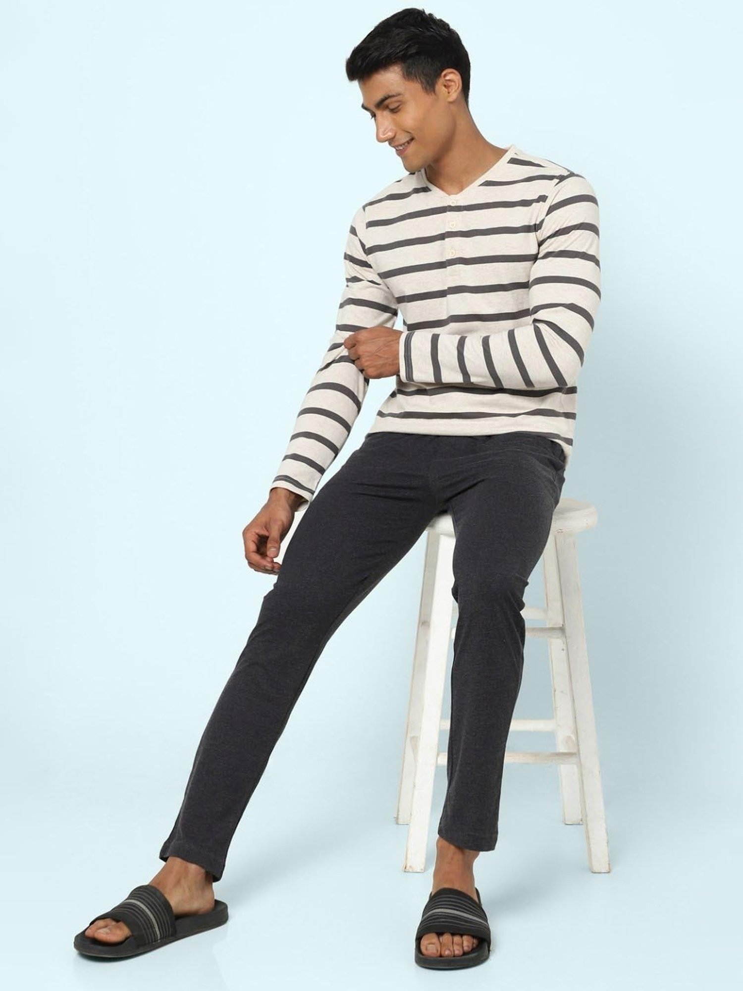 Ajile by Pantaloons Oat Melange Cotton Slim Fit Striped Lounge T-Shirt