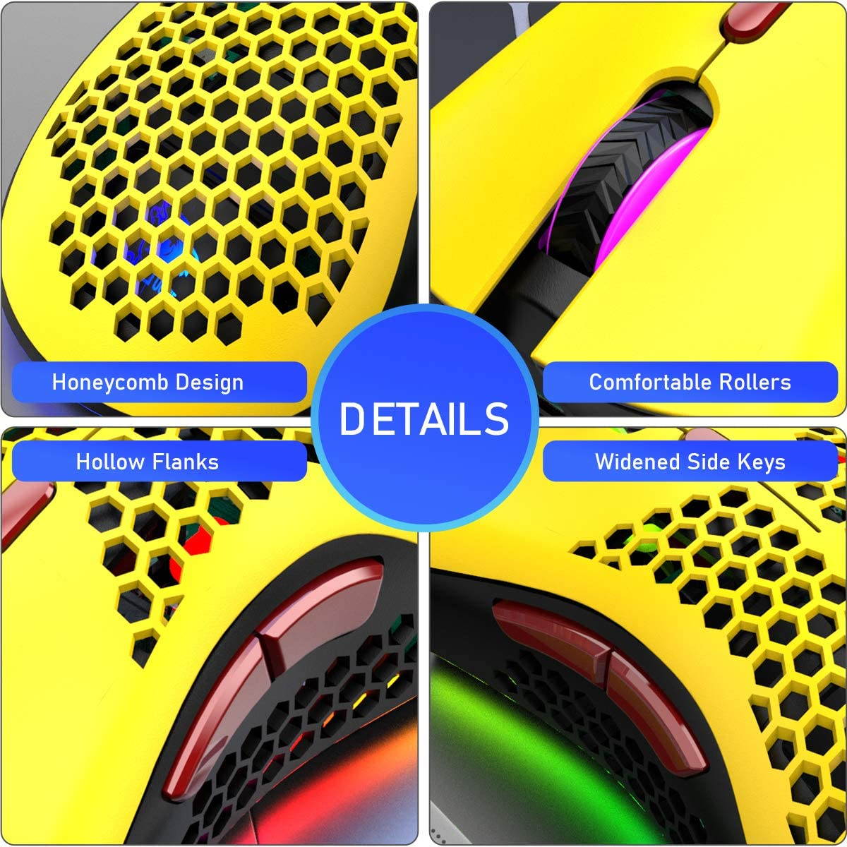 Wireless Lightweight Gaming Mouse Honeycomb with 7 Button Multi RGB Backlit Perforated Ergonomic Shell Optical Sensor Adjustable DPI Rechargeable 800 mAh Battery USB Receiver for PC Mac Gamer
