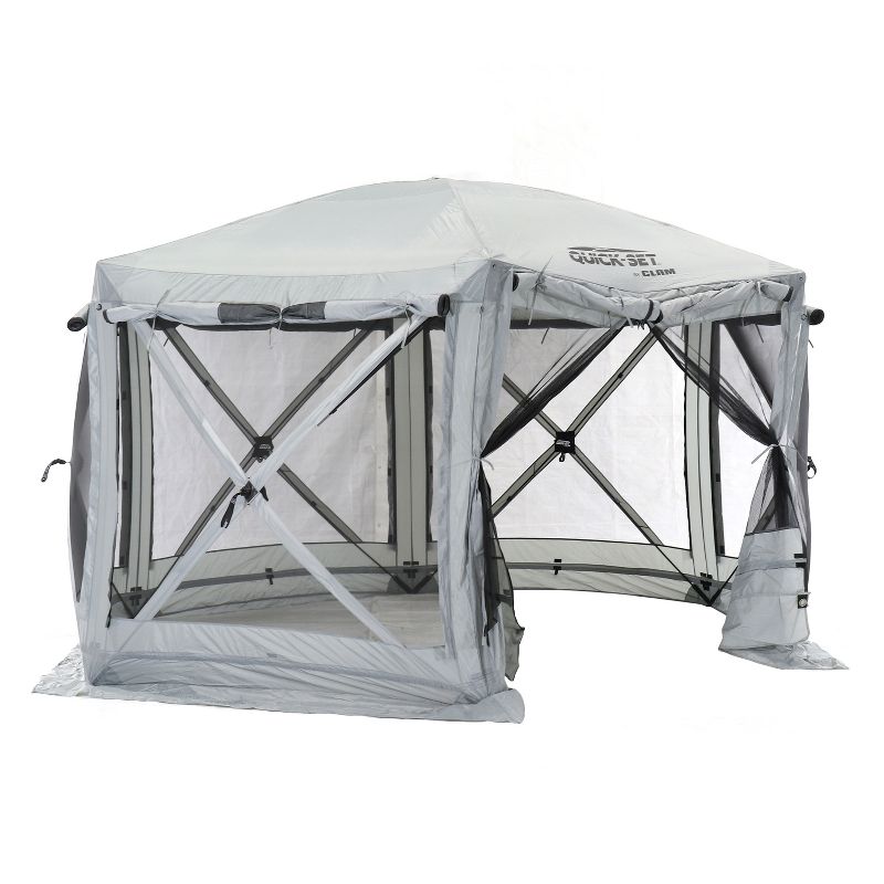 CLAM Quick-Set Pavilion 12.5 x 12.5 Foot Portable Pop-Up Outdoor Camping Gazebo Screen Tent 6 Sided Canopy Shelter w/ Ground Stakes & Carry Bag, Gray