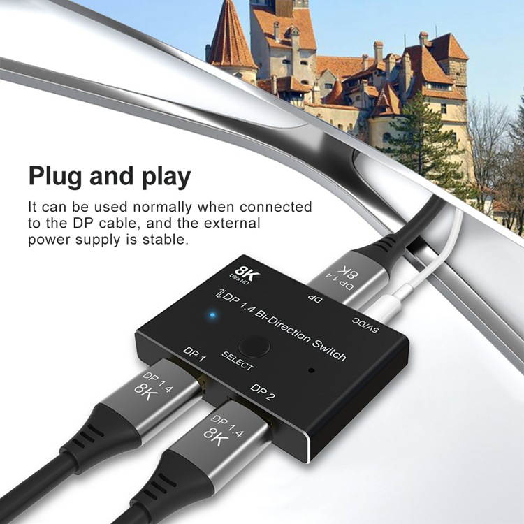DisplayPort Switch DP1.4 Bi-Direction 8K@30Hz 4K@120Hz Splitter 1 x 2,2 x 1 Switcher