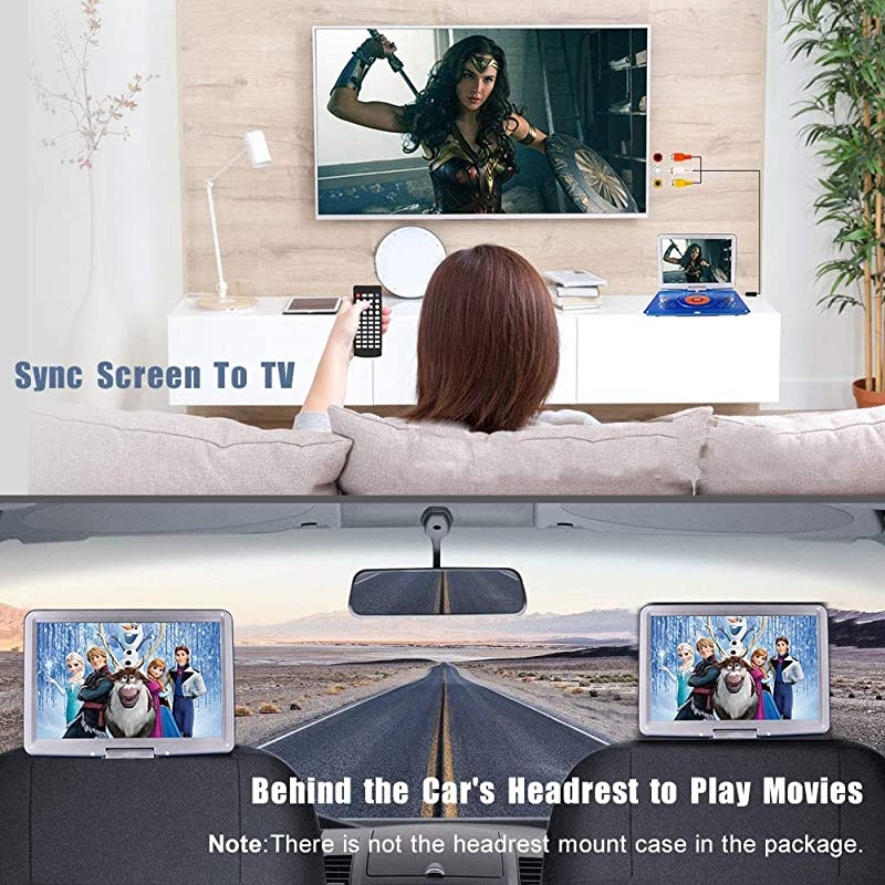 Portable DVD Player with 14.1" Large Swivel Screen, Car DVD Player Portable with 5 Hrs Rechargeable Battery, Mobile DVD Player for Kids, Sync TV, Support USB SD Card with Car Charger (Blue)