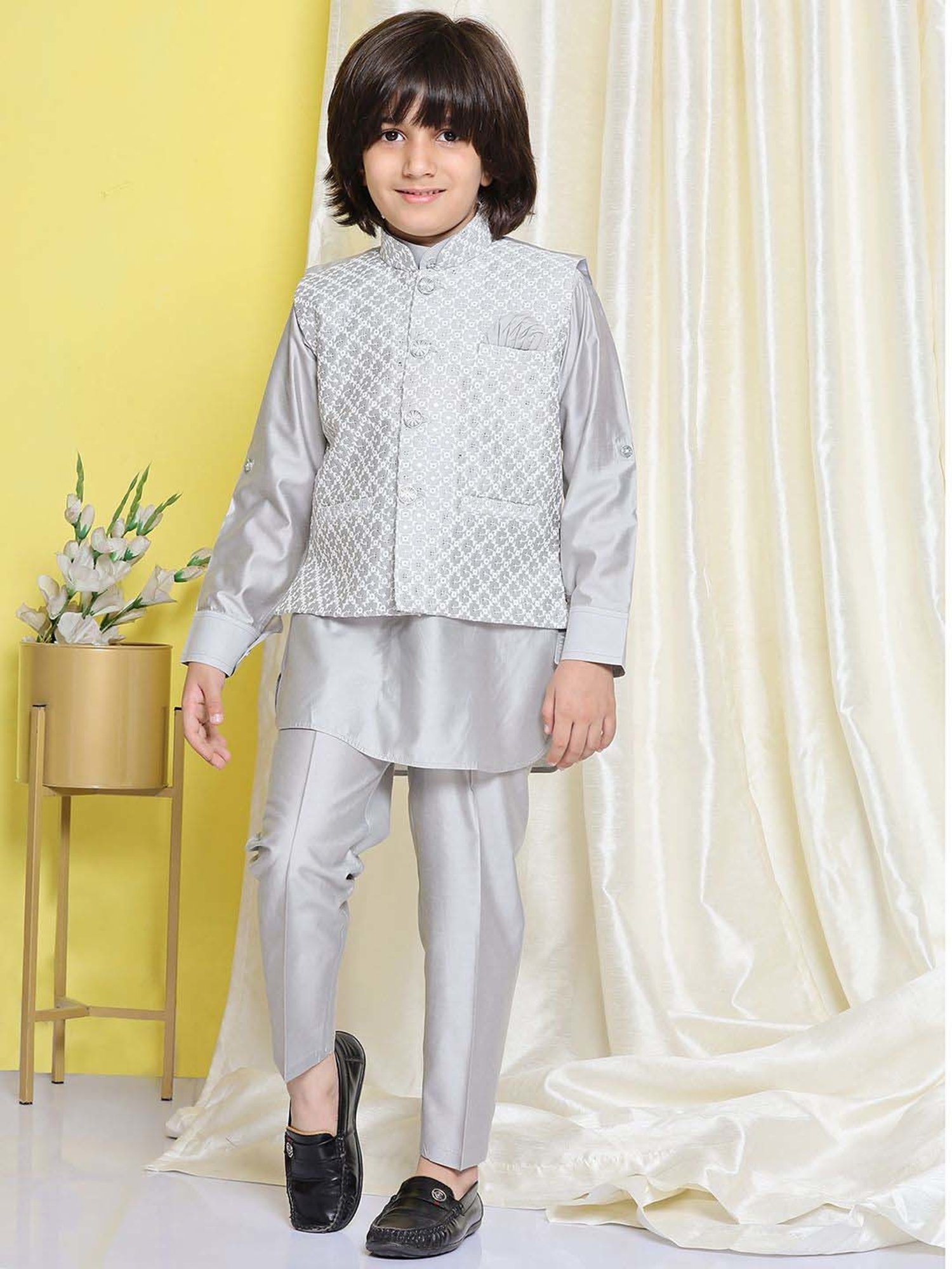 AJ Dezines Kids Grey Embroidered Full Sleeves Kurta Set